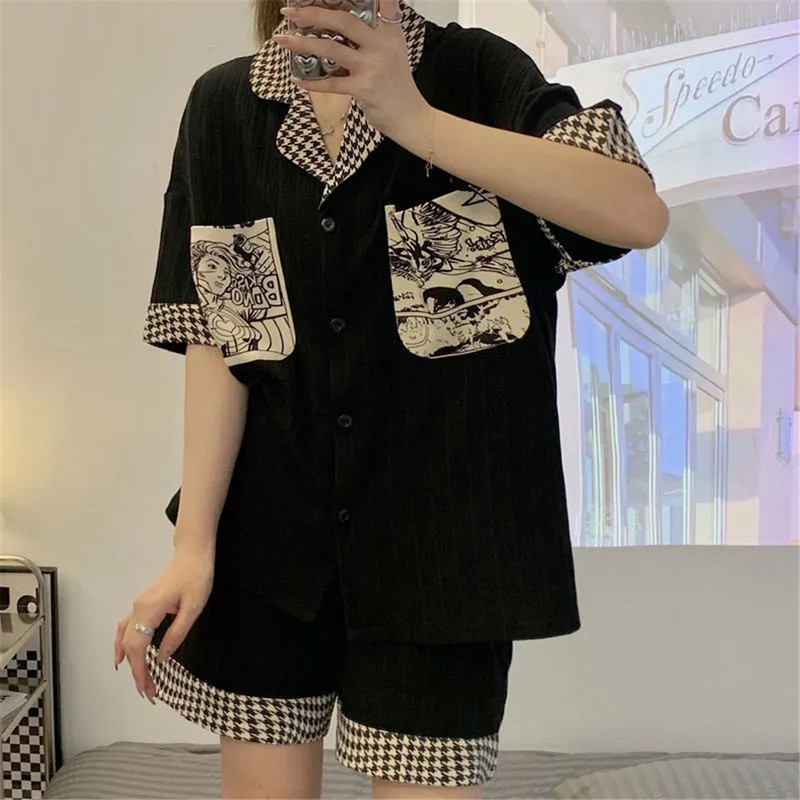 Harajuku pizsama szett Női Nyári V nyakú 2 részes Hálóruha Koreai Ins alkalmi laza otthoni ruhák Anime lányok nyomott hálóing