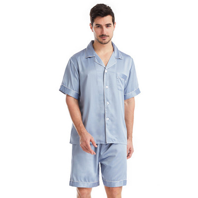 Mazumtirdzniecība Vīriešu satīna zīda pidžamas uzvalks vīriešu guļamveļa atpūtas telpa, divdaļīgs krekls ar īsām piedurknēm un šorti Mājas apģērbs T103