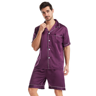 Mazumtirdzniecība Vīriešu satīna zīda pidžamas uzvalks vīriešu guļamveļa atpūtas telpa, divdaļīgs krekls ar īsām piedurknēm un šorti Mājas apģērbs T103