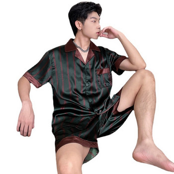 Ανδρικό κοντό σετ Σατέν μεταξωτό μεγάλο μέγεθος Πιτζάμες Καλοκαιρινό Sleepwear Ρούχα Σπίτι Ρίγες Μπλούζες ύπνου Μεγάλο μέγεθος 4XL καρό πιτζάμα