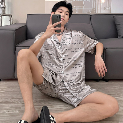 Мъжки къс комплект сатенена копринена пижама с голям размер Лятно спално облекло Домашно облекло Горнища за сън на райе Голям размер 4XL карирана пижама