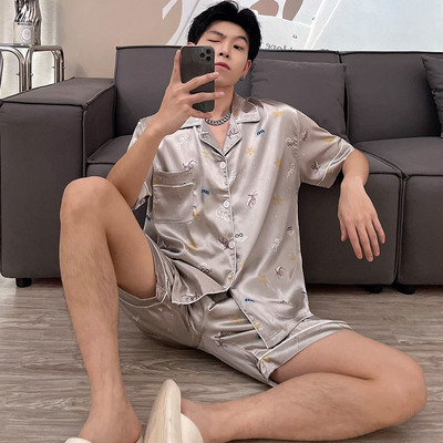 Vyriškas trumpas komplektas, satininis šilkas, didelio dydžio pižamos kostiumas, vasarinis miegui skirtas drabužis namams, juostiniai, miegui skirti viršutiniai drabužiai, didelio dydžio 4XL languota pižama