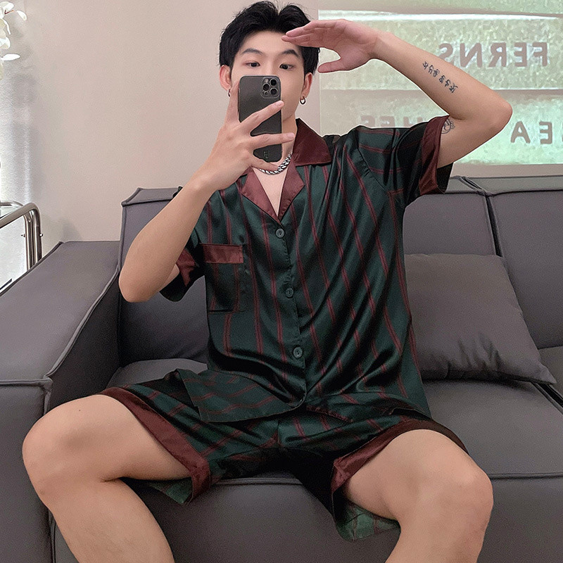 Vyriškas trumpas komplektas, satininis šilkas, didelio dydžio pižamos kostiumas, vasarinis miegui skirtas drabužis namams, juostiniai, miegui skirti viršutiniai drabužiai, didelio dydžio 4XL languota pižama