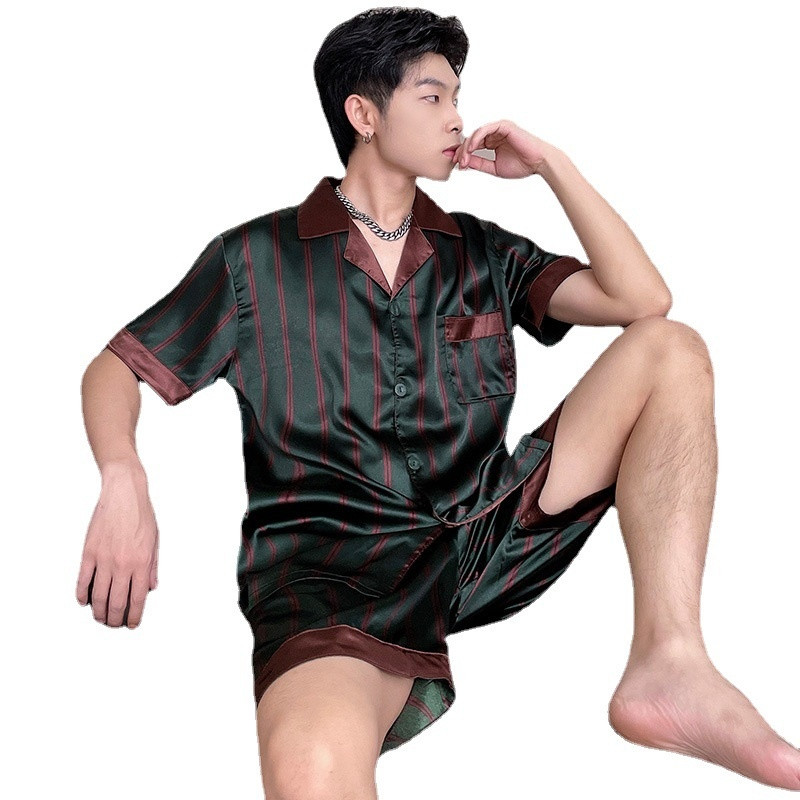 Vyriškas trumpas komplektas, satininis šilkas, didelio dydžio pižamos kostiumas, vasarinis miegui skirtas drabužis namams, juostiniai, miegui skirti viršutiniai drabužiai, didelio dydžio 4XL languota pižama