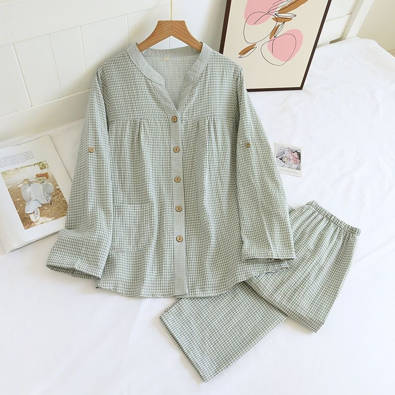 Jauns pavasara un rudens sieviešu pidžamu komplekts 100% kokvilnas marle četru sezonu bikses ar garām piedurknēm divdaļīgs vienkāršs rūtains mājas serviss