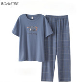 Σετ πιτζάμες Ανδρικά κοντομάνικα ριγέ κινούμενα σχέδια με στάμπα χαλαρά υπνοδωμάτια αναψυχής μόδας καρό βαμβακερό λαιμόκοψη Άνετο, απαλό, απλό ανδρικό