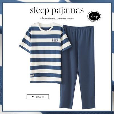 Σετ πιτζάμες Ανδρικά κοντομάνικα ριγέ κινούμενα σχέδια με στάμπα χαλαρά υπνοδωμάτια αναψυχής μόδας καρό βαμβακερό λαιμόκοψη Άνετο, απαλό, απλό ανδρικό