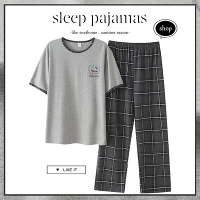 Σετ πιτζάμες Ανδρικά κοντομάνικα ριγέ κινούμενα σχέδια με στάμπα χαλαρά υπνοδωμάτια αναψυχής μόδας καρό βαμβακερό λαιμόκοψη Άνετο, απαλό, απλό ανδρικό