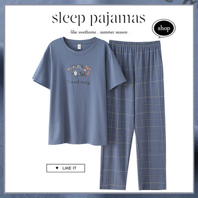 Σετ πιτζάμες Ανδρικά κοντομάνικα ριγέ κινούμενα σχέδια με στάμπα χαλαρά υπνοδωμάτια αναψυχής μόδας καρό βαμβακερό λαιμόκοψη Άνετο, απαλό, απλό ανδρικό