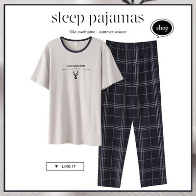 Σετ πιτζάμες Ανδρικά κοντομάνικα ριγέ κινούμενα σχέδια με στάμπα χαλαρά υπνοδωμάτια αναψυχής μόδας καρό βαμβακερό λαιμόκοψη Άνετο, απαλό, απλό ανδρικό