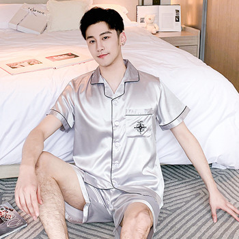 Комплекти мъжки пижами Секси пижами с отложна яка, големи размери 3xl 2 бр. Риза и къси панталони Спален костюм Сатенено нощно облекло Lougne Домашно облекло