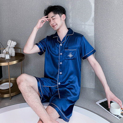 Ανδρικά Σετ Πυτζάμες Σέξι Πιτζάμες με γυριστό γιακά Υπερμεγέθη 3xl 2 τμχ Πουκάμισο & σορτς Κοστούμι ύπνου Σατέν Νυχτικά Lougne Ρούχα για το σπίτι