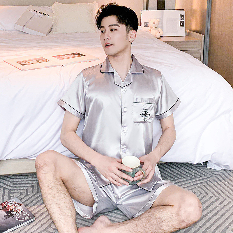 Ανδρικά Σετ Πυτζάμες Σέξι Πιτζάμες με γυριστό γιακά Υπερμεγέθη 3xl 2 τμχ Πουκάμισο & σορτς Κοστούμι ύπνου Σατέν Νυχτικά Lougne Ρούχα για το σπίτι