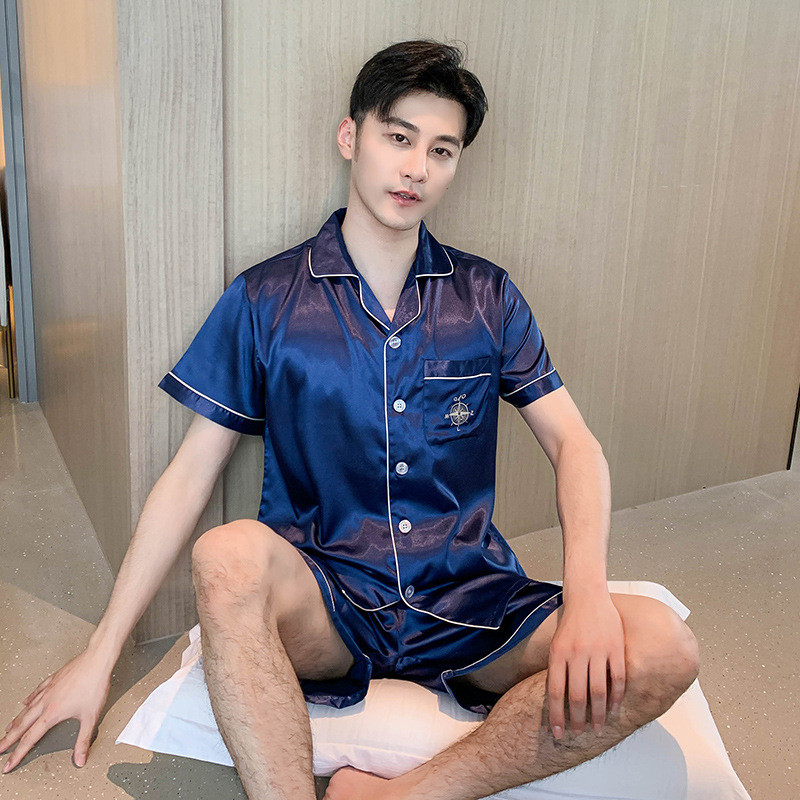 Ανδρικά Σετ Πυτζάμες Σέξι Πιτζάμες με γυριστό γιακά Υπερμεγέθη 3xl 2 τμχ Πουκάμισο & σορτς Κοστούμι ύπνου Σατέν Νυχτικά Lougne Ρούχα για το σπίτι