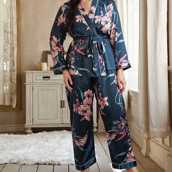 Plus Size 4XL 5XL Γυναικείες Πυτζάμες Σετ Πυτζάμες Εκτύπωση Flower Rayon Ζακέτα Παντελόνι Πιτζάμες Άνοιξη Καλοκαίρι Casual Ενδύματα για το σπίτι