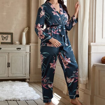 Plus Size 4XL 5XL Γυναικείες Πυτζάμες Σετ Πυτζάμες Εκτύπωση Flower Rayon Ζακέτα Παντελόνι Πιτζάμες Άνοιξη Καλοκαίρι Casual Ενδύματα για το σπίτι