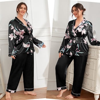 Plus Size 4XL 5XL Γυναικείες Πυτζάμες Σετ Πυτζάμες Εκτύπωση Flower Rayon Ζακέτα Παντελόνι Πιτζάμες Άνοιξη Καλοκαίρι Casual Ενδύματα για το σπίτι