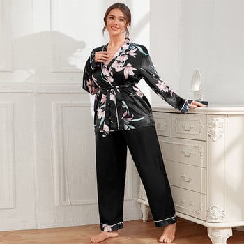 Plus Size 4XL 5XL Γυναικείες Πυτζάμες Σετ Πυτζάμες Εκτύπωση Flower Rayon Ζακέτα Παντελόνι Πιτζάμες Άνοιξη Καλοκαίρι Casual Ενδύματα για το σπίτι