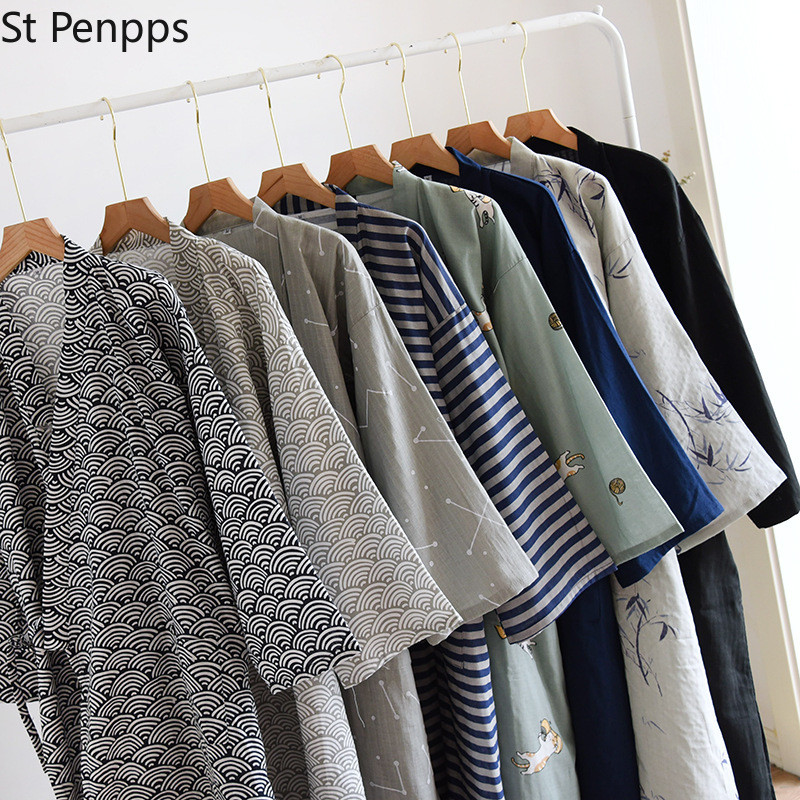 Vīriešu kokvilnas guļamveļa Vasaras plāns Kokvilnas rudens naktskrekls Pāris Japāņu tradicionāls apģērbs Vīriešu kimono Yukata Gara naktskleita