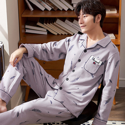 Pizsama Férfi pamut csíkos, hosszú ujjú nadrág Kétrészes pizsama tavaszi őszi laza otthoni ruha Alkalmi hálóing hálóruha szett