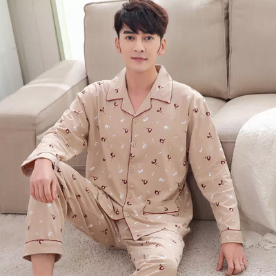 Pizsama Férfi pamut csíkos, hosszú ujjú nadrág Kétrészes pizsama tavaszi őszi laza otthoni ruha Alkalmi hálóing hálóruha szett