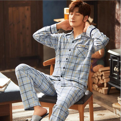 Pizsama Férfi pamut csíkos, hosszú ujjú nadrág Kétrészes pizsama tavaszi őszi laza otthoni ruha Alkalmi hálóing hálóruha szett