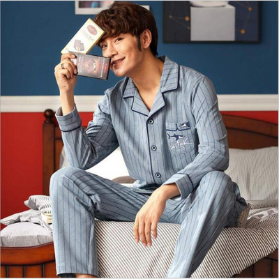 Pizsama Férfi pamut csíkos, hosszú ujjú nadrág Kétrészes pizsama tavaszi őszi laza otthoni ruha Alkalmi hálóing hálóruha szett