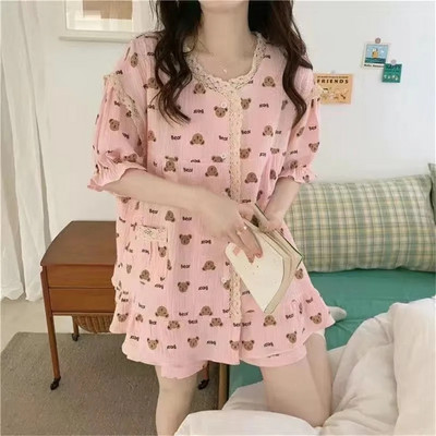 Pižamų rinkiniai Nuleidžiami apykaklės trumpomis rankovėmis moteriškos vasaros tinklelio "Cherry Bear Print" animacinių filmų Kawaii madingi moteriški 2 vnt pižamos elegantiškos
