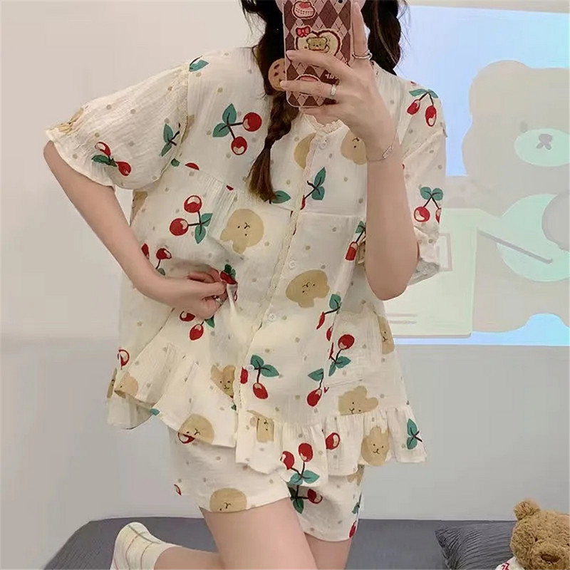 Pidžamu komplekti nolaižamām apkaklītēm ar īsām piedurknēm sievietēm vasaras režģī ķiršu lāča apdruka karikatūra Kawaii moderns sieviešu 2gab pidžamas elegants