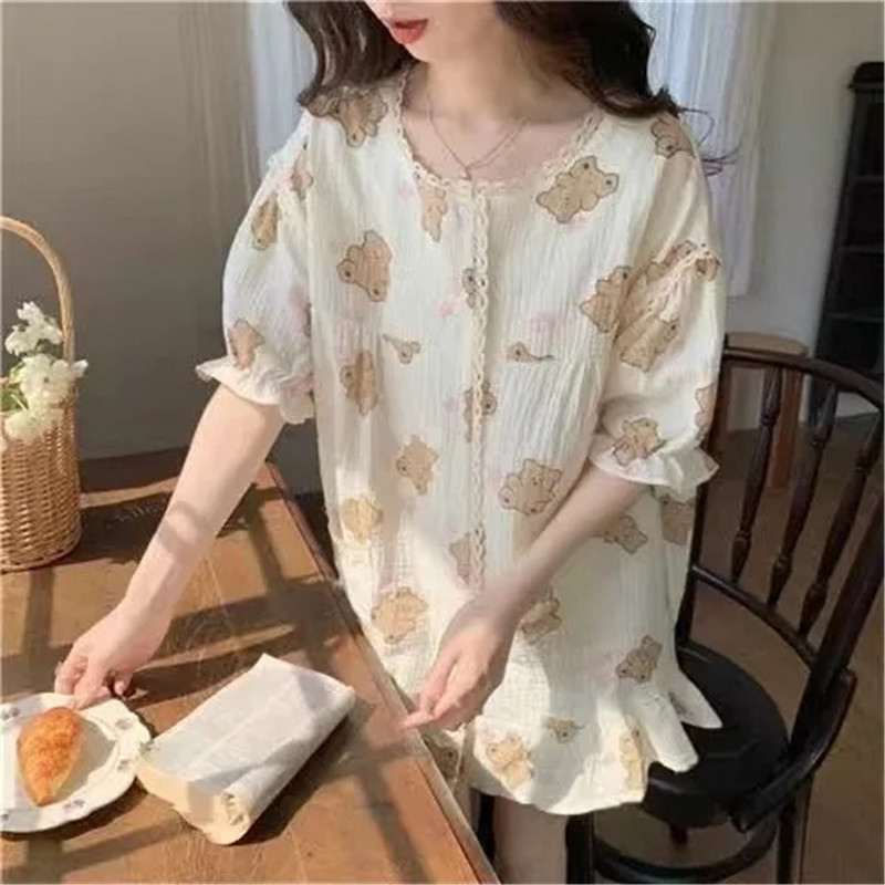 Pidžamu komplekti nolaižamām apkaklītēm ar īsām piedurknēm sievietēm vasaras režģī ķiršu lāča apdruka karikatūra Kawaii moderns sieviešu 2gab pidžamas elegants