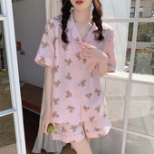 Κοντό μανίκι καρό πυτζάμες εκτύπωσης Cartoon Bear Cute Ρούχα για το σπίτι Καλοκαιρινό Σετ Πυτζάμες Γυναικεία Πυζά Σορτς Κοστούμι Ins Style S133