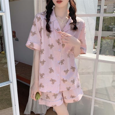 Κοντό μανίκι καρό πυτζάμες εκτύπωσης Cartoon Bear Cute Ρούχα για το σπίτι Καλοκαιρινό Σετ Πυτζάμες Γυναικεία Πυζά Σορτς Κοστούμι Ins Style S133