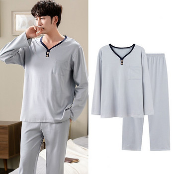 Мъжка плътна памучна пижама с V-образно деколте 2 бр. Цяла тениска и панталон Спално облекло с джобно спално облекло Плюс размер 3xl