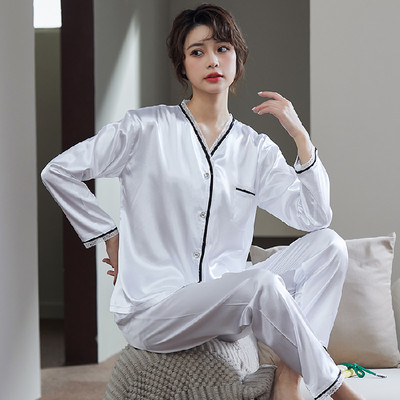 2 részes női szett tavaszi őszi hosszú ujjú pizsama női divat selyem hálóruha otthoni ruha csipke puha nadrág szatén pizsama