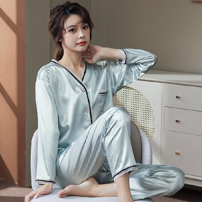 2 részes női szett tavaszi őszi hosszú ujjú pizsama női divat selyem hálóruha otthoni ruha csipke puha nadrág szatén pizsama