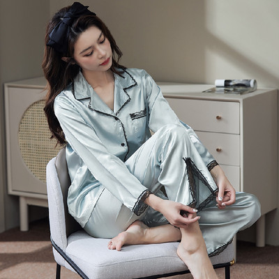 2 részes női szett tavaszi őszi hosszú ujjú pizsama női divat selyem hálóruha otthoni ruha csipke puha nadrág szatén pizsama