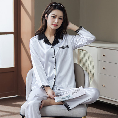 2 részes női szett tavaszi őszi hosszú ujjú pizsama női divat selyem hálóruha otthoni ruha csipke puha nadrág szatén pizsama