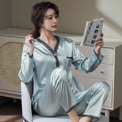 2 részes női szett tavaszi őszi hosszú ujjú pizsama női divat selyem hálóruha otthoni ruha csipke puha nadrág szatén pizsama