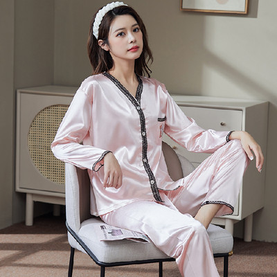 2 részes női szett tavaszi őszi hosszú ujjú pizsama női divat selyem hálóruha otthoni ruha csipke puha nadrág szatén pizsama