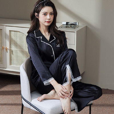 2 részes női szett tavaszi őszi hosszú ujjú pizsama női divat selyem hálóruha otthoni ruha csipke puha nadrág szatén pizsama