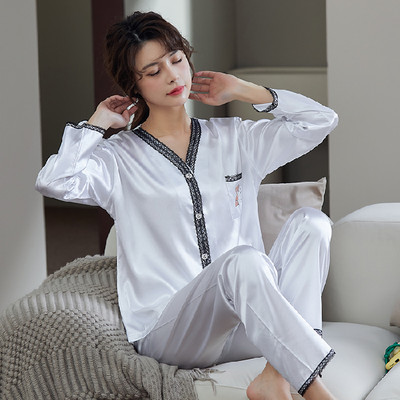 2 részes női szett tavaszi őszi hosszú ujjú pizsama női divat selyem hálóruha otthoni ruha csipke puha nadrág szatén pizsama