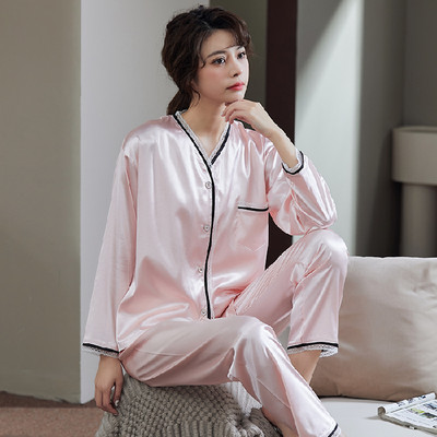 2 részes női szett tavaszi őszi hosszú ujjú pizsama női divat selyem hálóruha otthoni ruha csipke puha nadrág szatén pizsama
