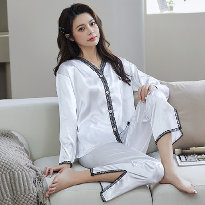 2 részes női szett tavaszi őszi hosszú ujjú pizsama női divat selyem hálóruha otthoni ruha csipke puha nadrág szatén pizsama