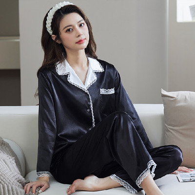 2 részes női szett tavaszi őszi hosszú ujjú pizsama női divat selyem hálóruha otthoni ruha csipke puha nadrág szatén pizsama