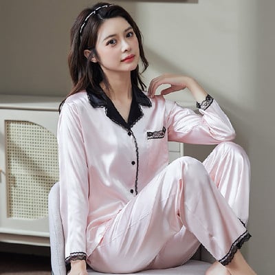 2 részes női szett tavaszi őszi hosszú ujjú pizsama női divat selyem hálóruha otthoni ruha csipke puha nadrág szatén pizsama