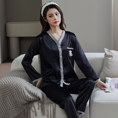 2 részes női szett tavaszi őszi hosszú ujjú pizsama női divat selyem hálóruha otthoni ruha csipke puha nadrág szatén pizsama