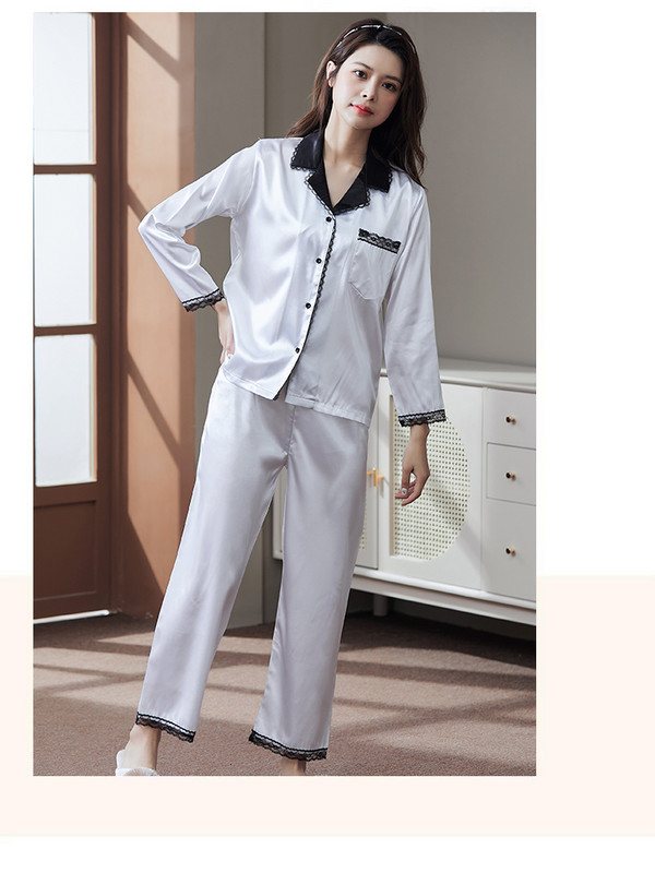 2 részes női szett tavaszi őszi hosszú ujjú pizsama női divat selyem hálóruha otthoni ruha csipke puha nadrág szatén pizsama