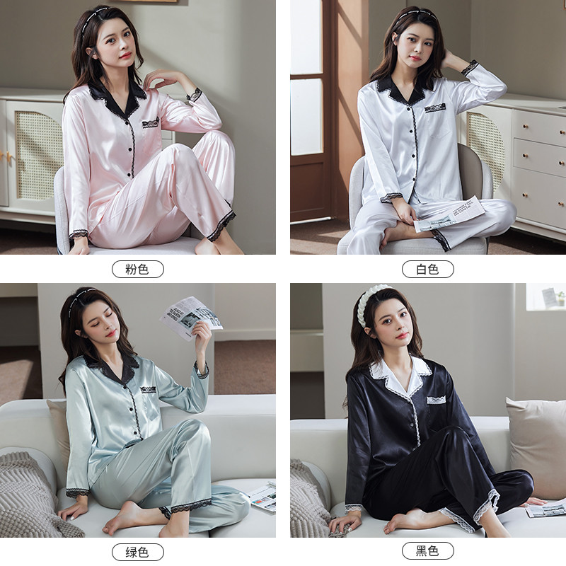 2 részes női szett tavaszi őszi hosszú ujjú pizsama női divat selyem hálóruha otthoni ruha csipke puha nadrág szatén pizsama