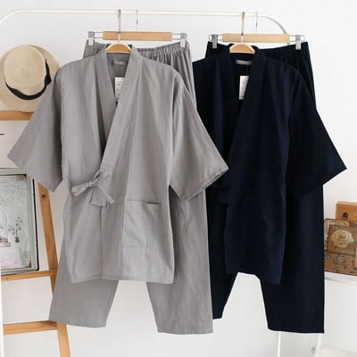 Japanese Style Kimono Cardigan Pants 2pcs Set Men`s Nightwear Bathrobe Cotton Comfortable Home Suit Robe Sleepwear Daily Casual