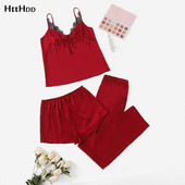 3 DB hát nélküli szatén szexi pizsama fekete csipke pizsama nadrággal, bő spagettipántos intim fehérnemű hálóruha női Pj szett